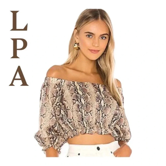 LPA Rara Top in Tan Snake Print Off-The-Shoulder‎ Crop Top size S - Picture 1 of 10